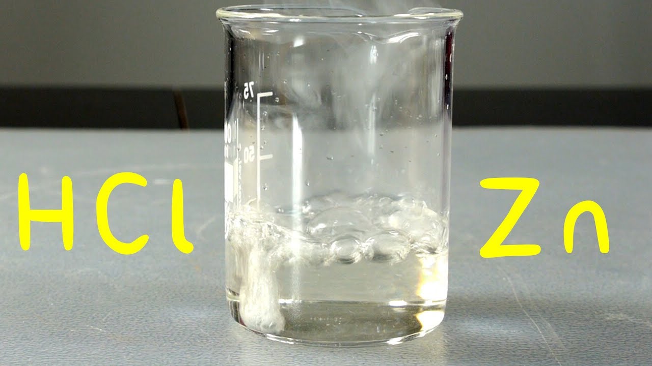 Reacción del Zinc con el Ácido Clorhídrico. Reacción Química Redox, de Desplazamiento y Exotérmica.