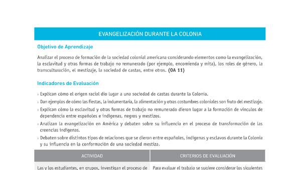 Evaluación Programas - HI08 OA11 - U2 - EVANGELIZACIÓN DURANTE LA COLONIA