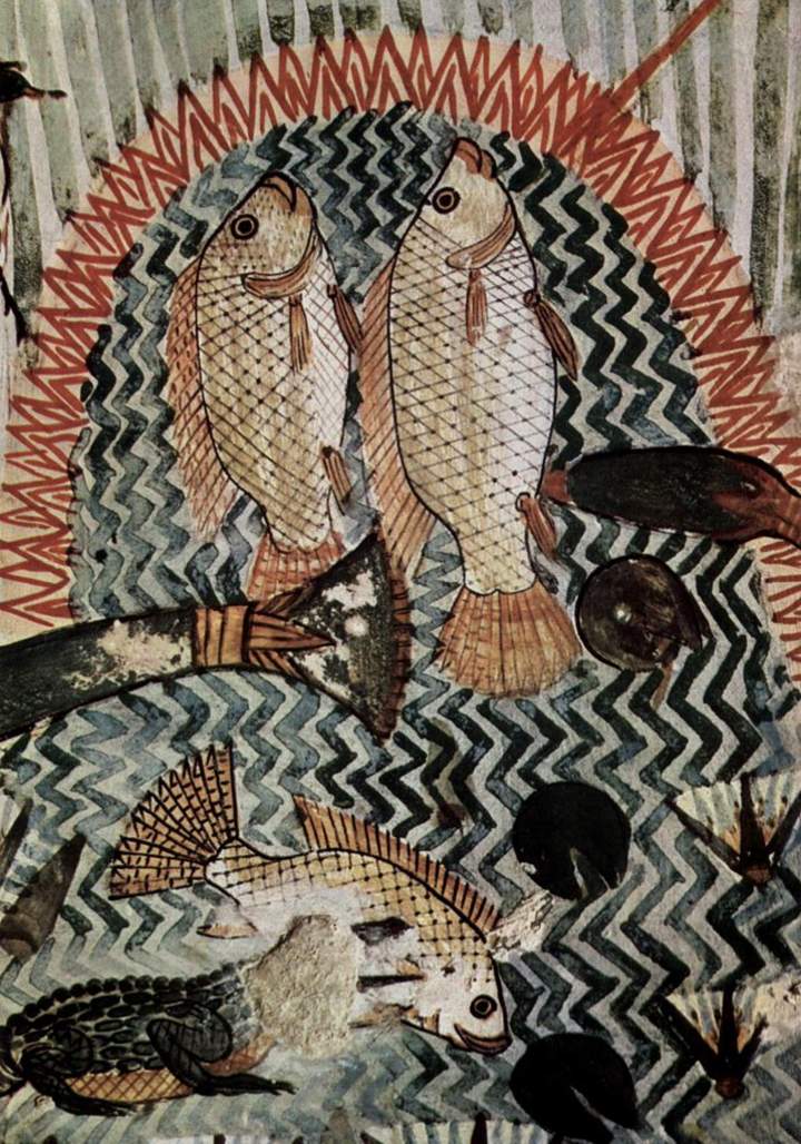 Detalle de un mural con una escena de pesca en Tumba de Menna