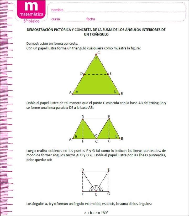 Demostración pictórica y concreta de la suma de los ángulos interiores de un triángulo