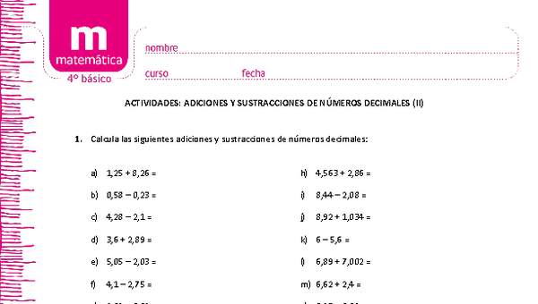 Adiciones y sustracciones de números decimales (II)