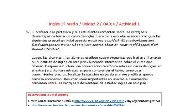Inglés 1 medio-Unidad 2-OA3;4-Actividad 1