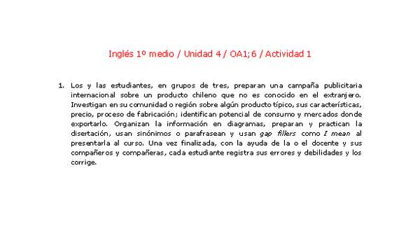 Inglés 1 medio-Unidad 4-OA1;6-Actividad 1