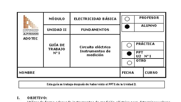 Guía de trabajo del estudiante Electricidad básica, circuito eléctrico e instrumentos de medición.