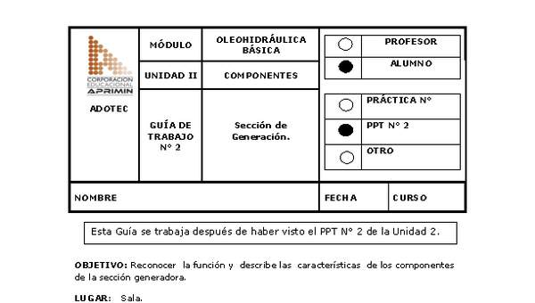 Guía de trabajo del estudiante Oleo-hidráulica, sección de generación.