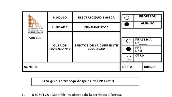 Guía de trabajo del estudiante Electricidad básica, efectos de la corriente eléctrica