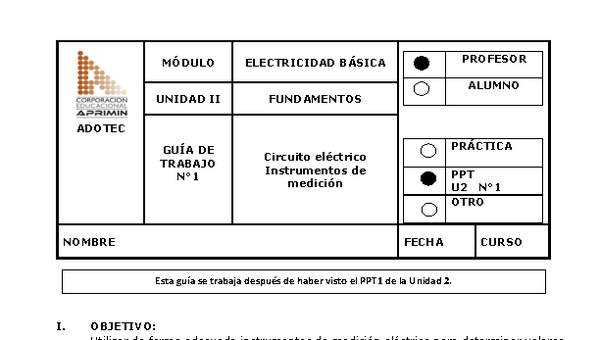 Guía de trabajo del docente electricidad básica, circuito eléctrico e instrumentos de medición.
