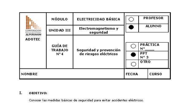 Guía de trabajo del estudiante Electricidad básica, seguridad y prevención de riesgos eléctricos.