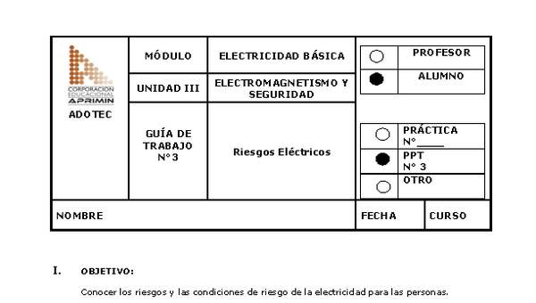 Guía de trabajo del estudiante Electricidad básica, riesgos eléctricos