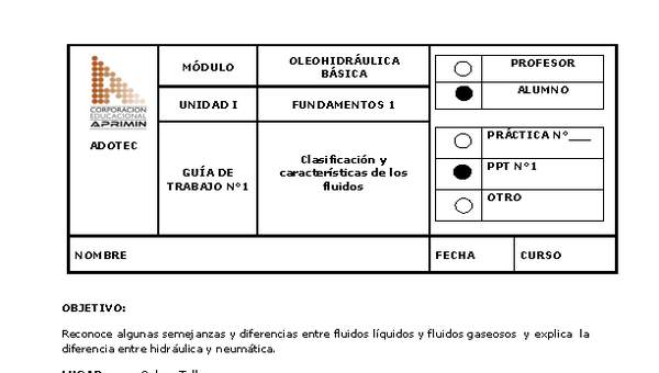 Guía de trabajo del estudiante Oleo-hidráulica, clasificación y características de los fluidos.