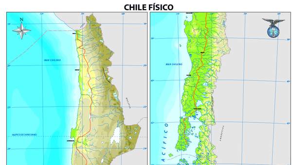 Mapa con el relieve de Chile