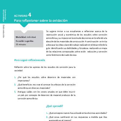 Sugerencia para el profesor: Actividad 4. Para reflexionar sobre la oxidación