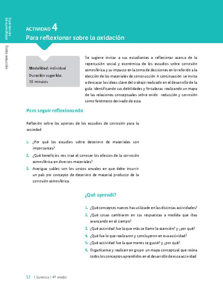 Sugerencia para el profesor: Actividad 4. Para reflexionar sobre la oxidación