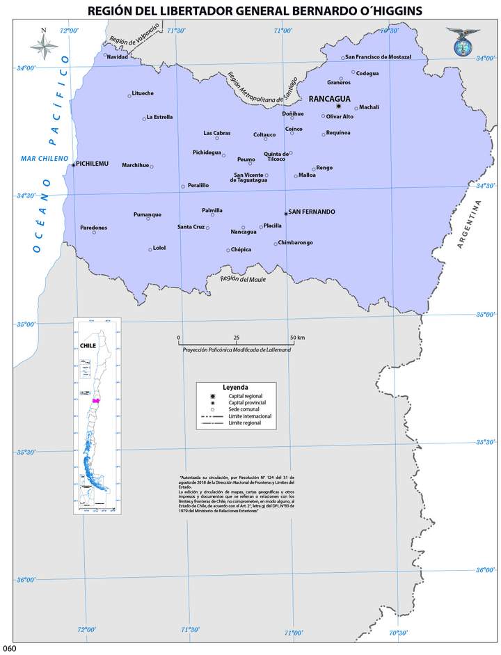 Mapa región del Libertador Bernardo Ohiggins (color)
