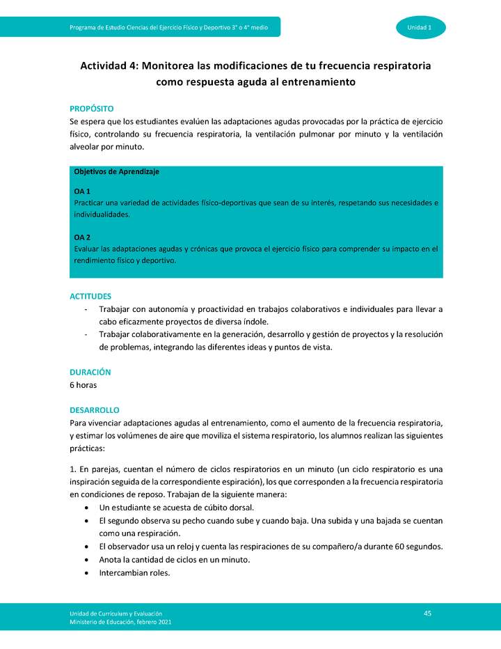 Actividad 4: Monitorea las modificaciones de tu frecuencia respiratoria como respuesta aguda al entrenamiento