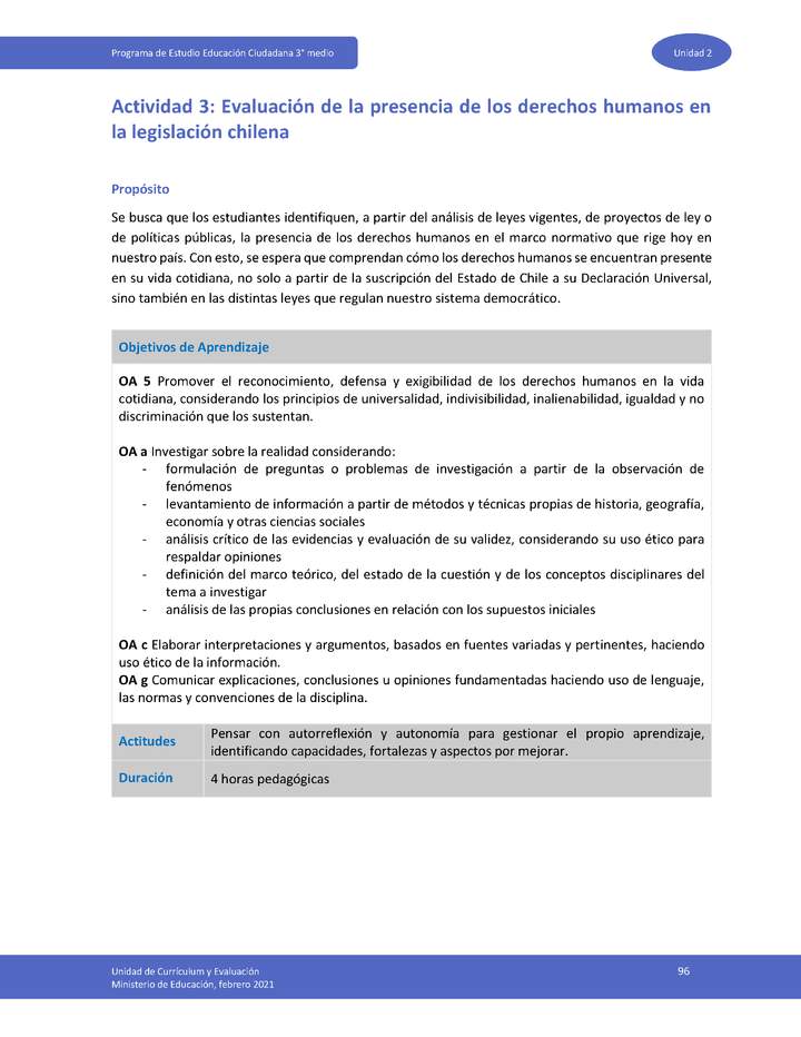 Actividad 3: Evaluación de la presencia de los derechos humanos en la legislación chilena