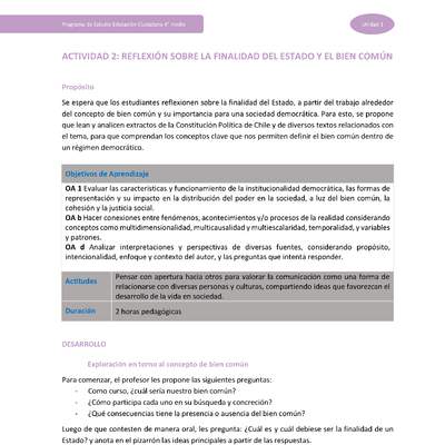 Actividad 2: Reflexión sobre la finalidad del Estado y el bien común