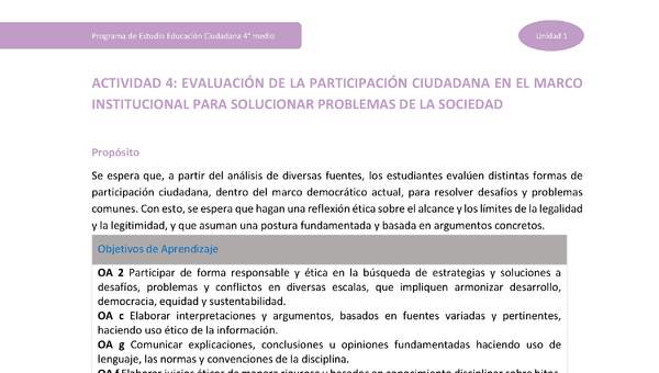 Actividad 4: Evaluación de la participación ciudadana en el marco institucional para solucionar problemas de la sociedad