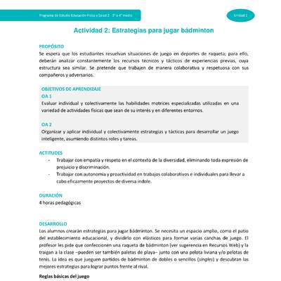 Actividad 2: Estrategias para jugar Bádminton