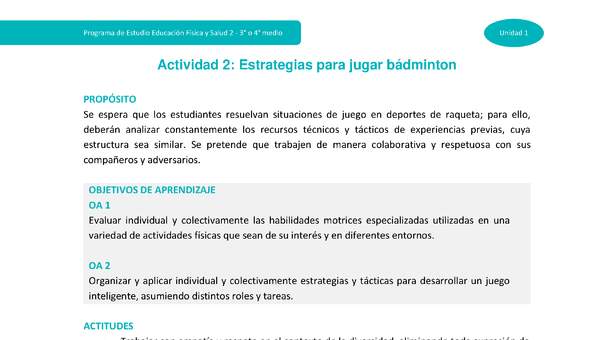 Actividad 2: Estrategias para jugar Bádminton