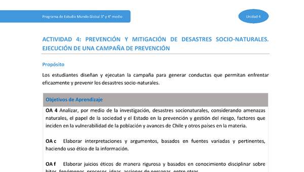 Actividad 4: Prevención y mitigación de desastres socionaturales. Ejecución de una campaña de prevención