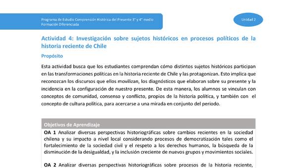 Actividad 4: Investigación sobre sujetos históricos en procesos políticos de la historia reciente de Chile