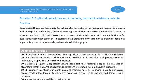 Actividad 3: Explicando relaciones entre memoria, patrimonio e historia reciente