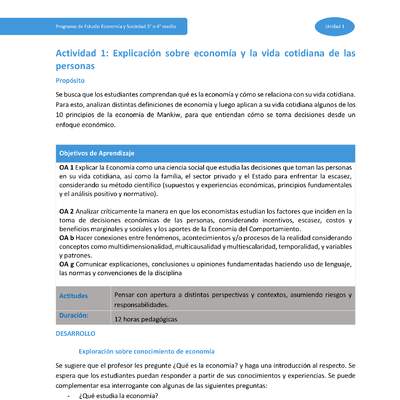 Actividad 1: Explicación sobre economía y la vida cotidiana de las personas