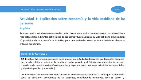 Actividad 1: Explicación sobre economía y la vida cotidiana de las personas