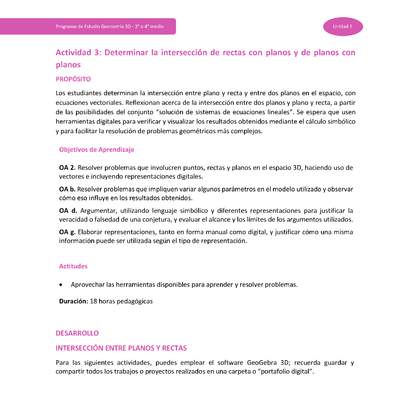 Actividad 3: Determinar la intersección de rectas con planos y de planos con planos