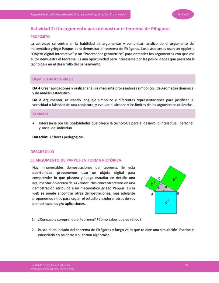 Actividad 2: Un argumento para demostrar el Teorema de Pitágoras