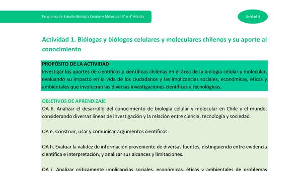 Actividad 1: Biólogas y biólogos celulares y moleculares chilenos y su aporte al conocimiento