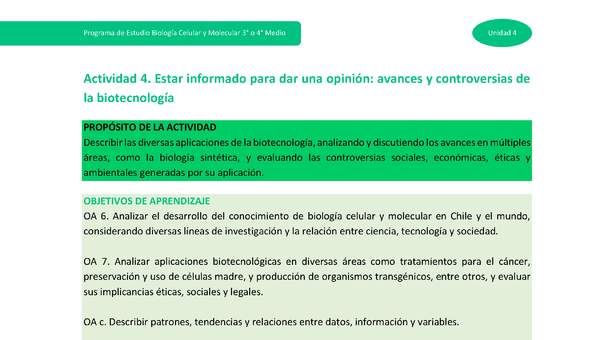 Actividad 4: Estar informado para dar una opinión: avances y controversias de la biotecnología