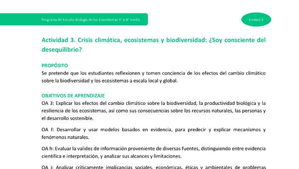 Actividad 3: Crisis climática, ecosistemas y biodiversidad: ¿Soy consciente del desequilibrio?
