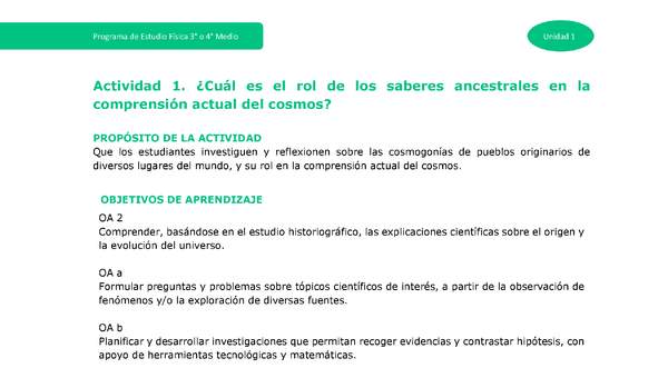 Actividad 1: ¿Cuál es el rol de los saberes ancestrales en la comprensión actual del cosmos?