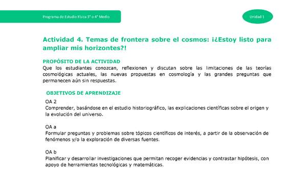 Actividad 4 - Temas de frontera sobre el cosmos: ¿Estoy listo para ampliar mis horizontes?