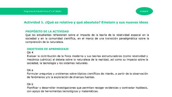 Actividad 1: ¿Qué es relativo y qué absoluto? Einstein y sus nuevas ideas