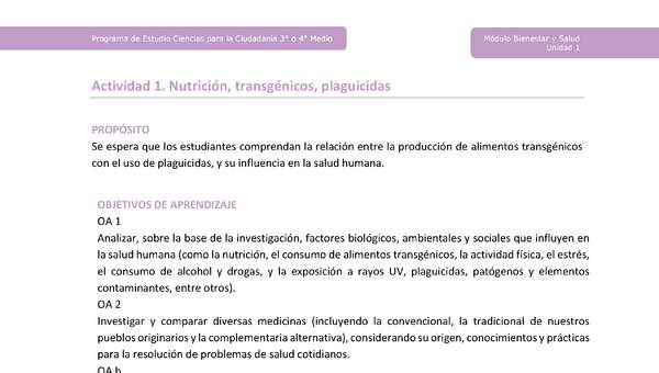 Actividad 1: Nutrición, transgénicos, plaguicidas