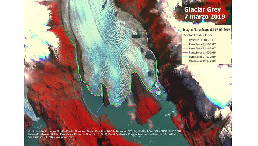 Glaciar Grey, Torres del Paine. Muestra de su tamaño en años diferentes