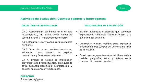 Actividad de evaluación - Cosmos: saberes e interrogantes