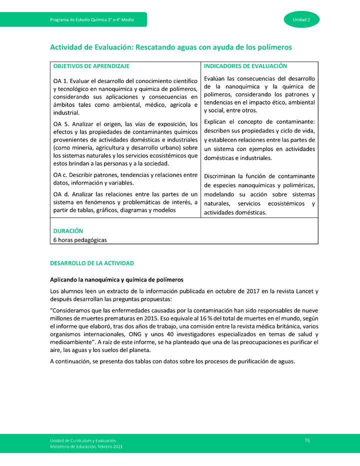 Actividad de evaluación: Rescatando aguas con ayuda de los polímeros