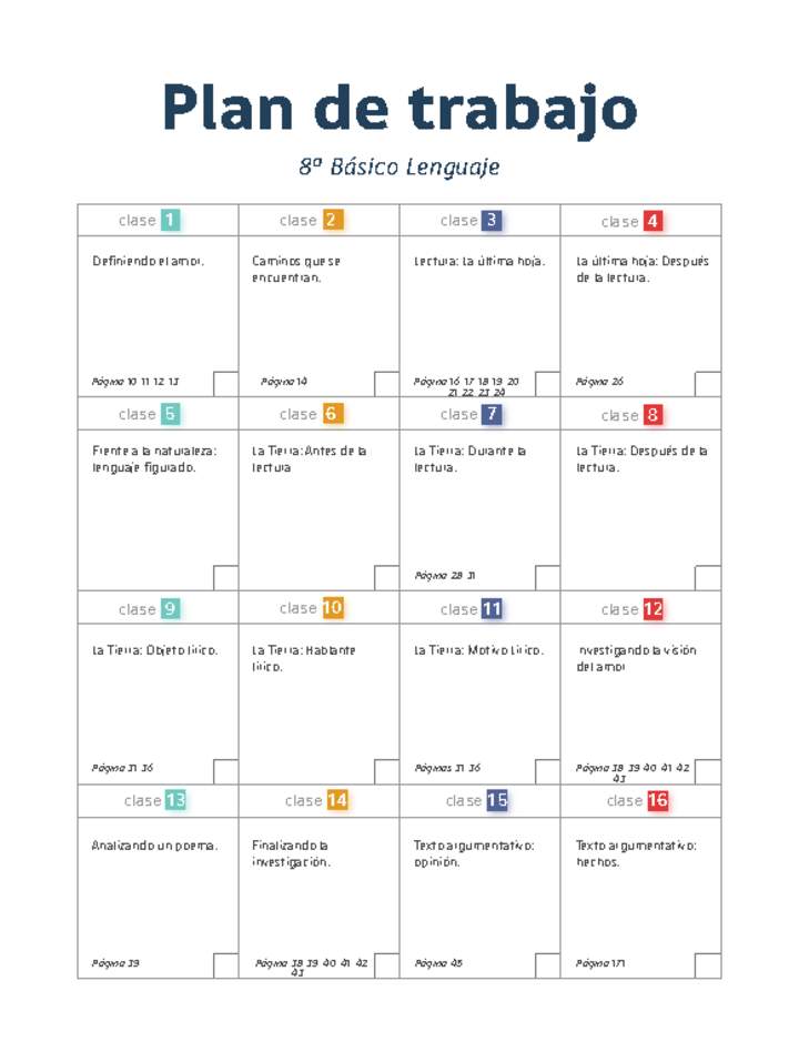 Plan de trabajo Lenguaje 8° básico