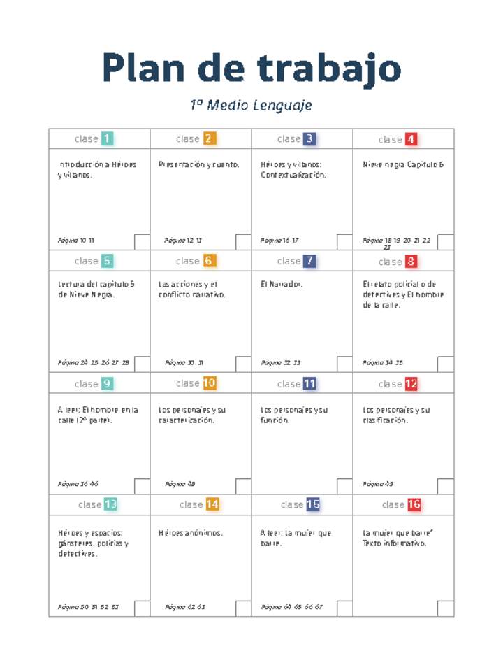 Plan de trabajo Lenguaje 1° medio