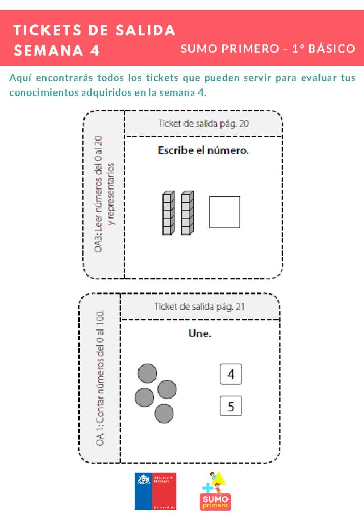 Ticket de salida Matemática 1º básico Unidad 1 Semana 4