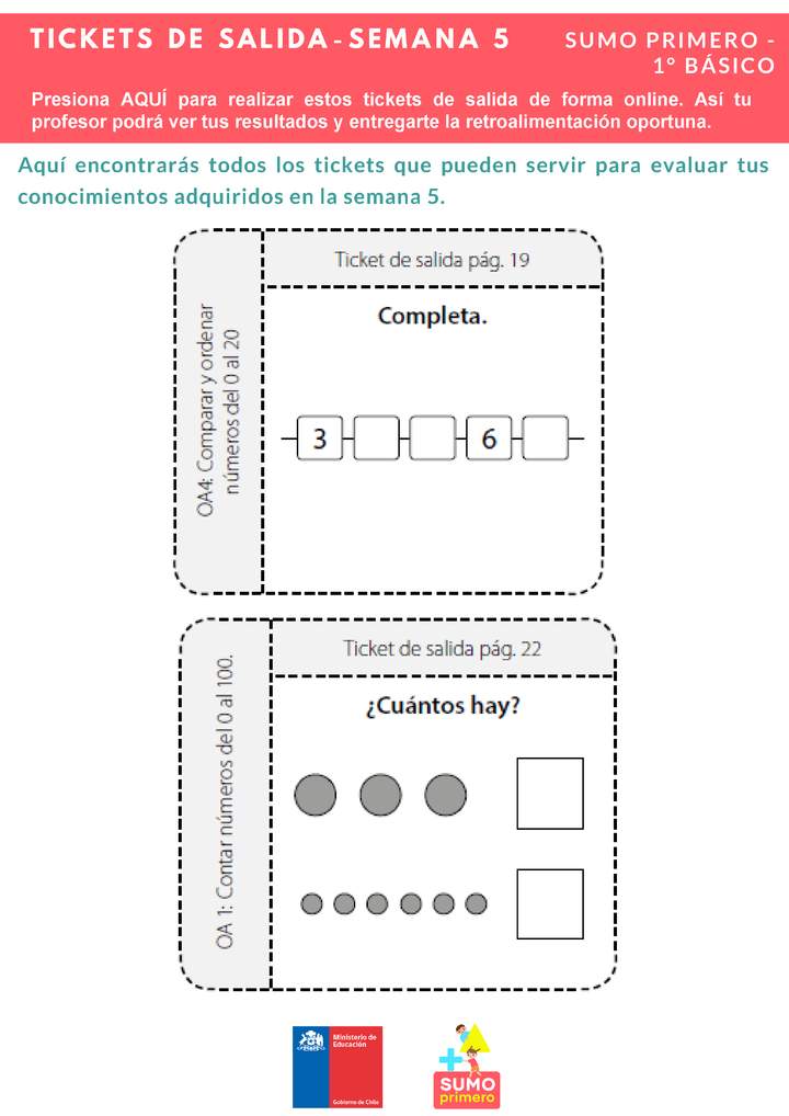 Ticket de salida Matemática 1º básico Unidad 1 Semana 5