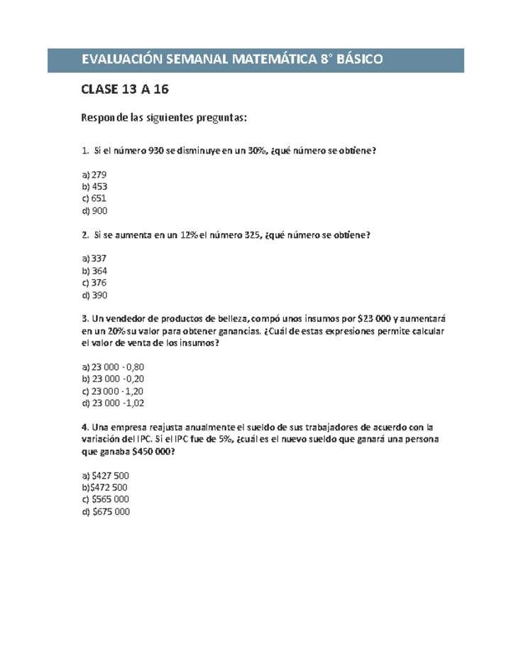 Evaluación Matemática 8º básico Unidad 1 Semana 4