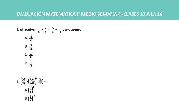 Evaluación Matemática 1° medio Unidad 1 Semana 4