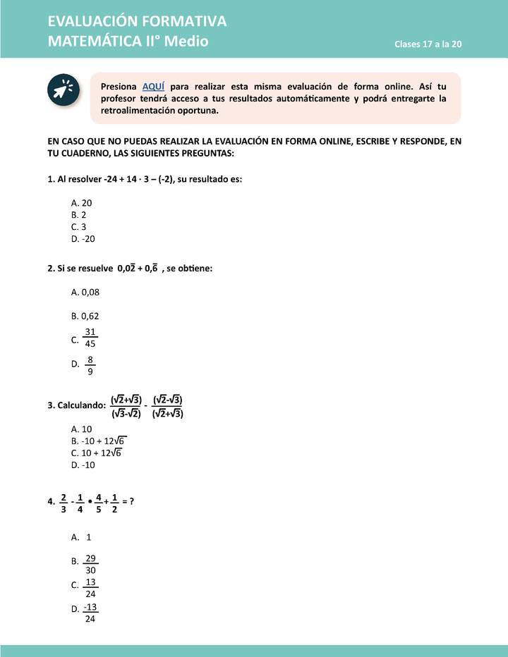 Evaluación Matemática 2° medio Unidad 1 Semana 5