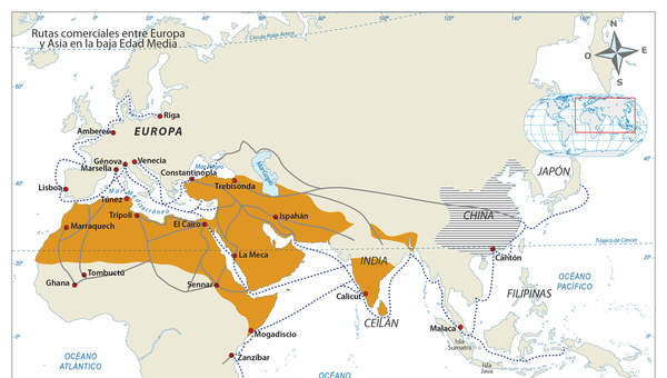 Mapa de las rutas comerciales entre Europa y Asia en la Baja Edad Media