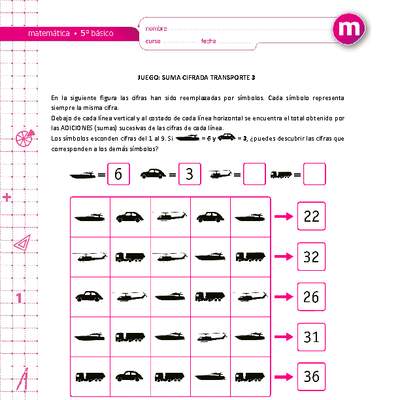 Juego: suma cifrada transporte 3